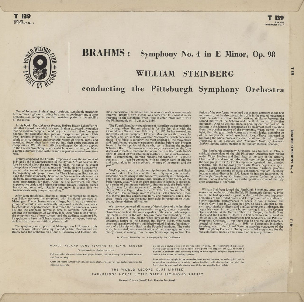 Johannes Brahms Symphony No. 4 in E minor Op. 98 UK vinyl LP album (LP record)