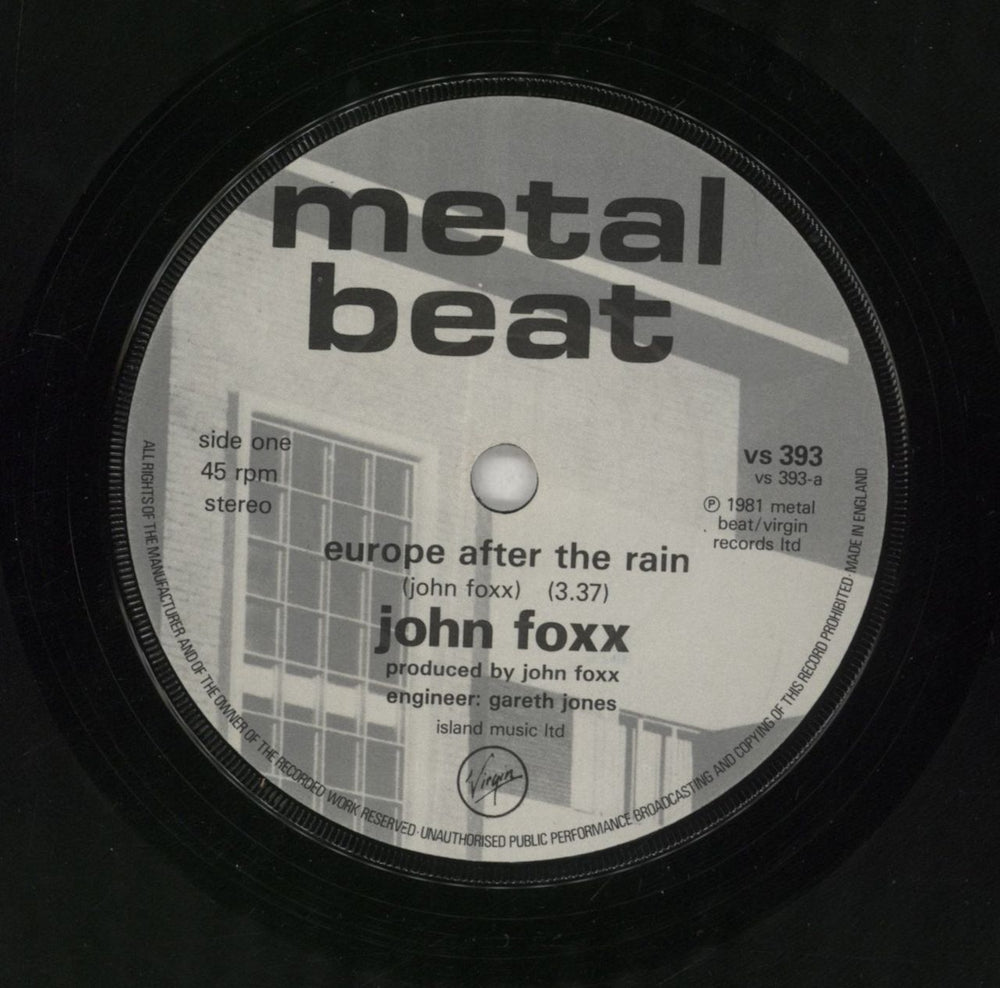 John Foxx Europe After The Rain UK 7" vinyl single (7 inch record / 45) JFX07EU16704