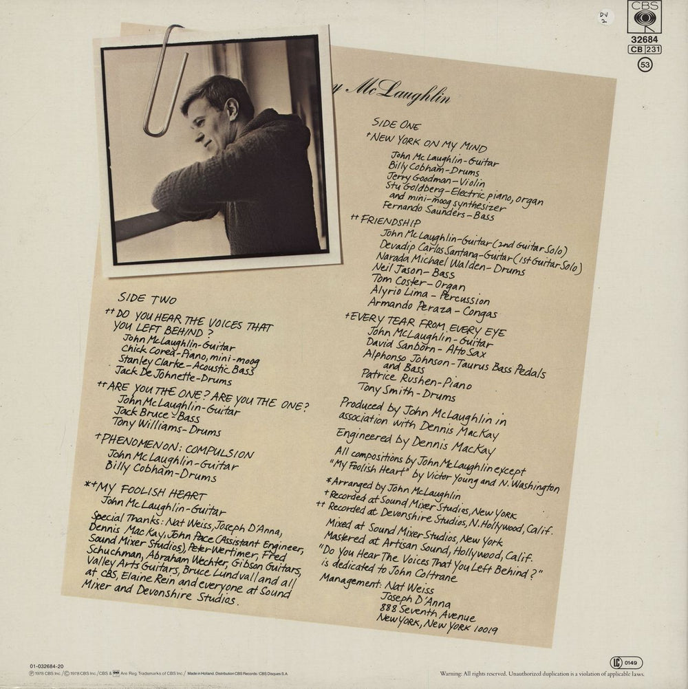 John McLaughlin Electric Guitarist Dutch vinyl LP album (LP record)