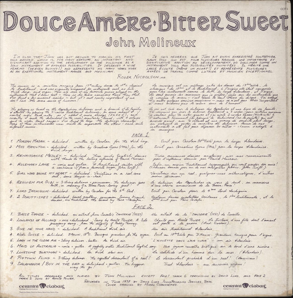 John Molineux Douce Amère - Bitter Sweet Irish vinyl LP album (LP record)