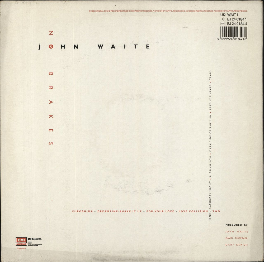 John Waite No Brakes UK vinyl LP album (LP record)