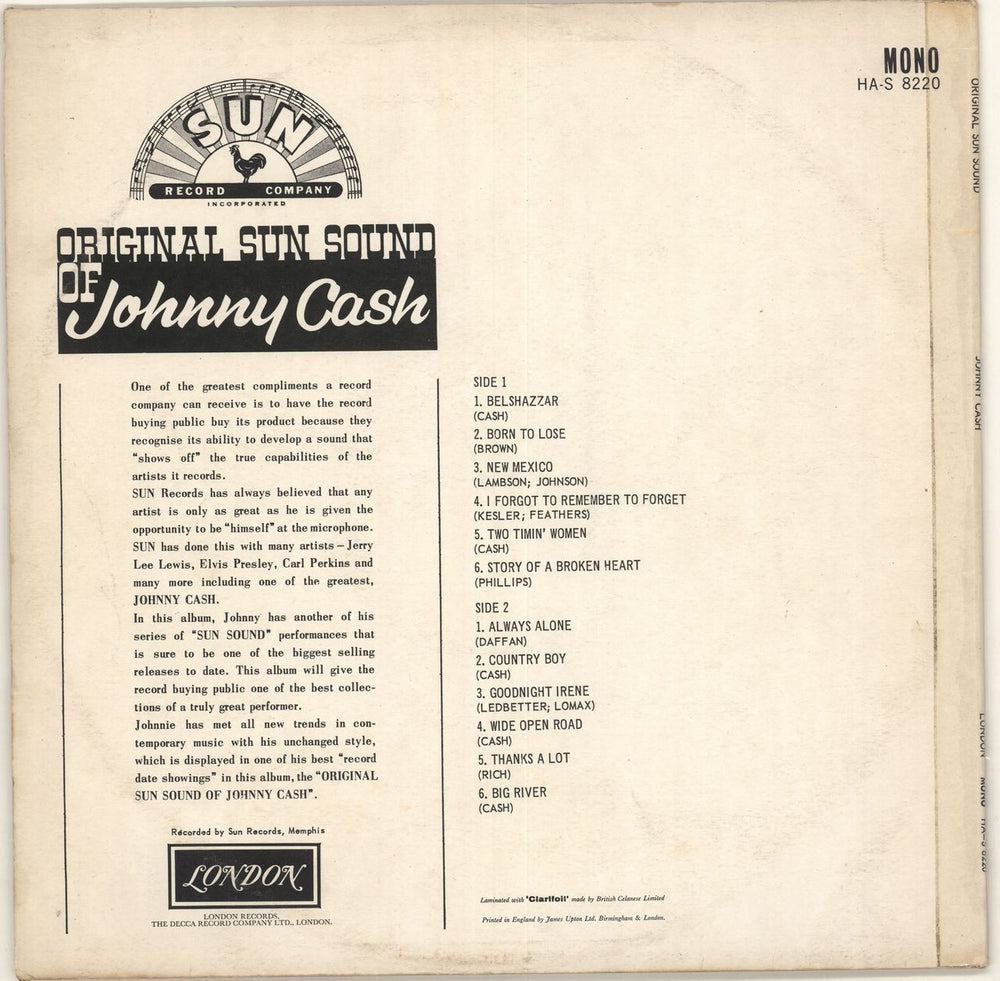 Johnny Cash Original Sun Sound UK vinyl LP album (LP record) JCSLPOR313792