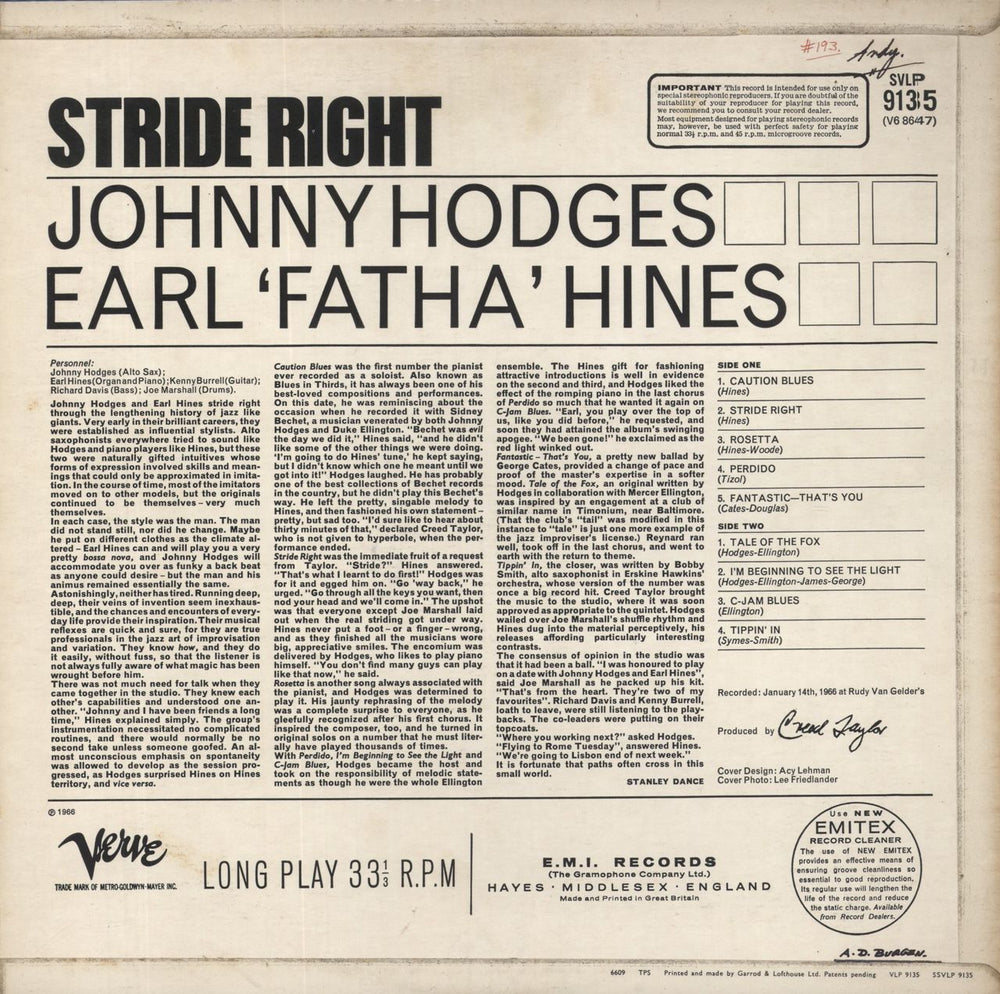 Johnny Hodges Stride Right UK vinyl LP album (LP record)