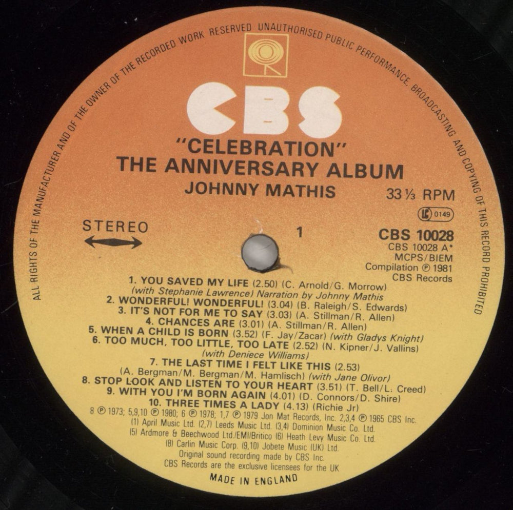 Johnny Mathis Celebration UK vinyl LP album (LP record) J-MLPCE434562