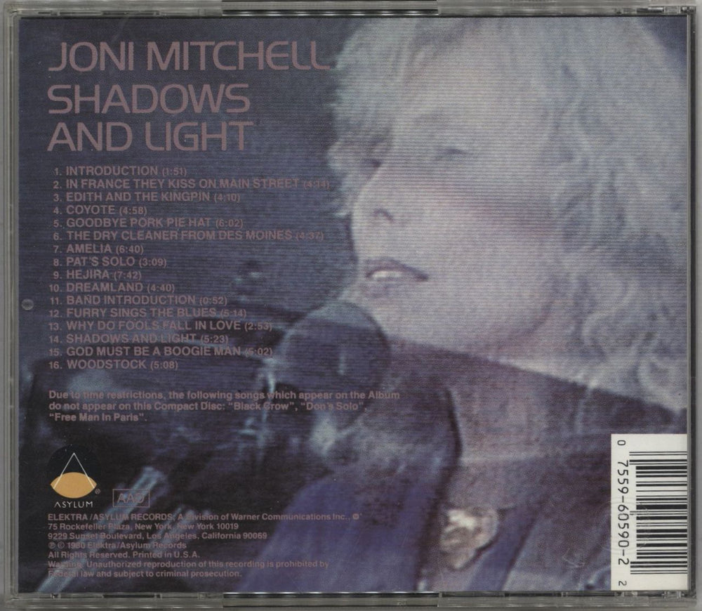 Joni Mitchell Shadows And Light US CD album (CDLP) 075596059022
