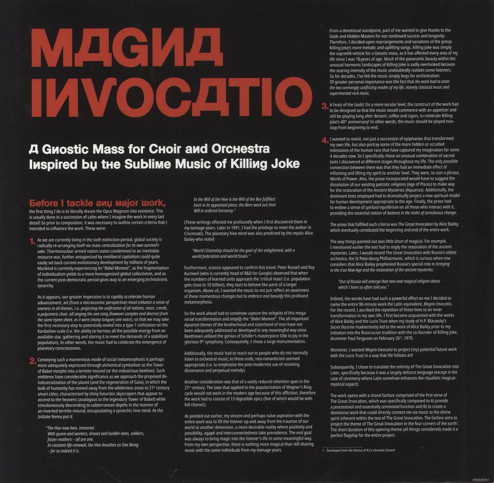 Killing Joke Magna Invocatio [A Gnostic Mass For Choir And Orchestra Inspired By The Sublime Music Of Killing Jok UK 2-LP vinyl record set (Double LP Album) Deleted