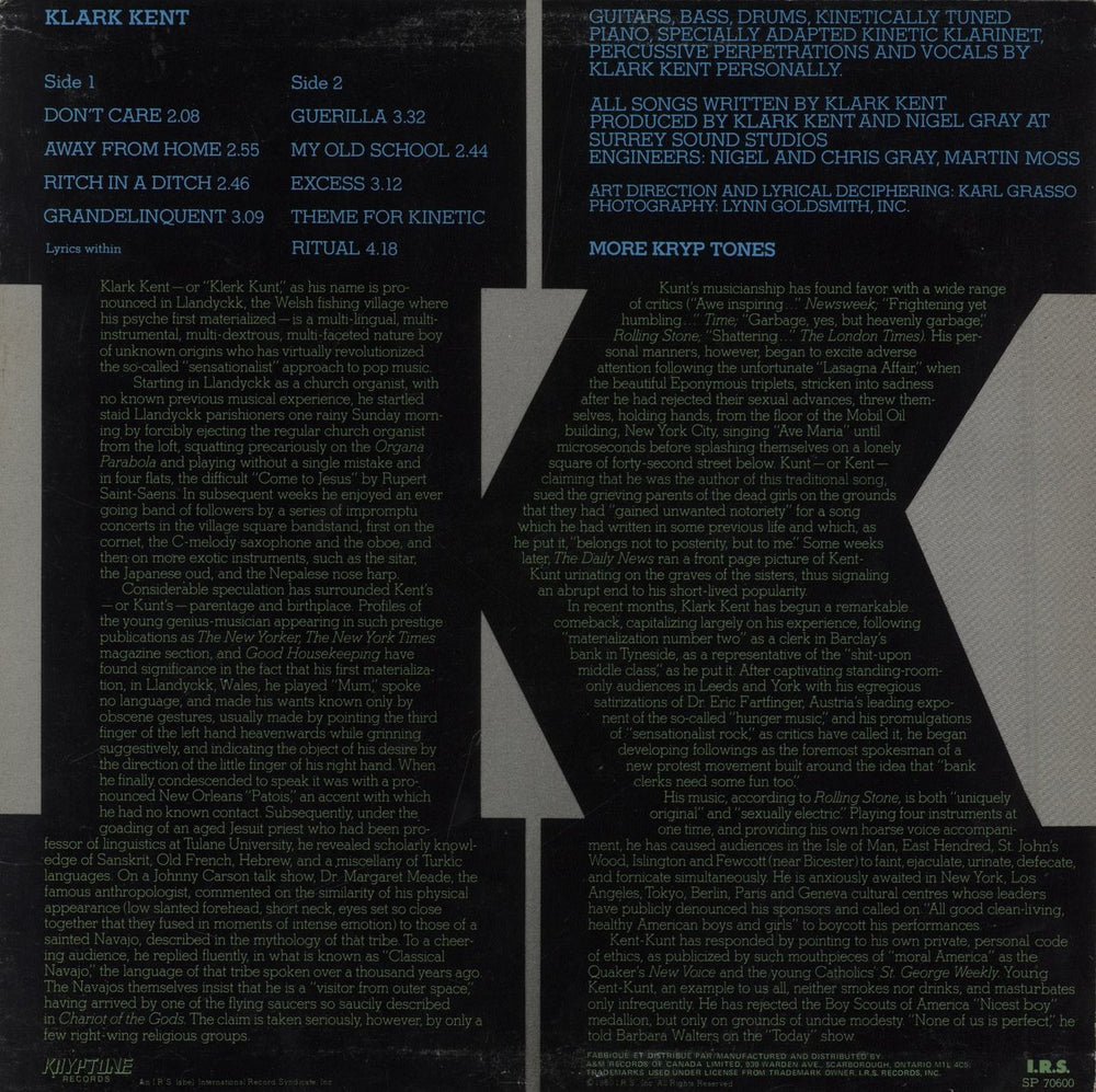 Klark Kent Klark Kent Canadian vinyl LP album (LP record)