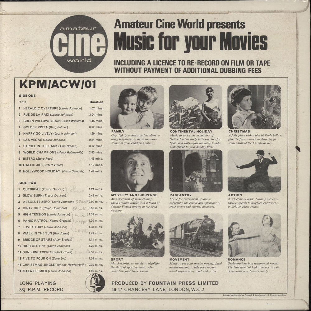 KPM Library Music For Your Movies UK vinyl LP album (LP record)
