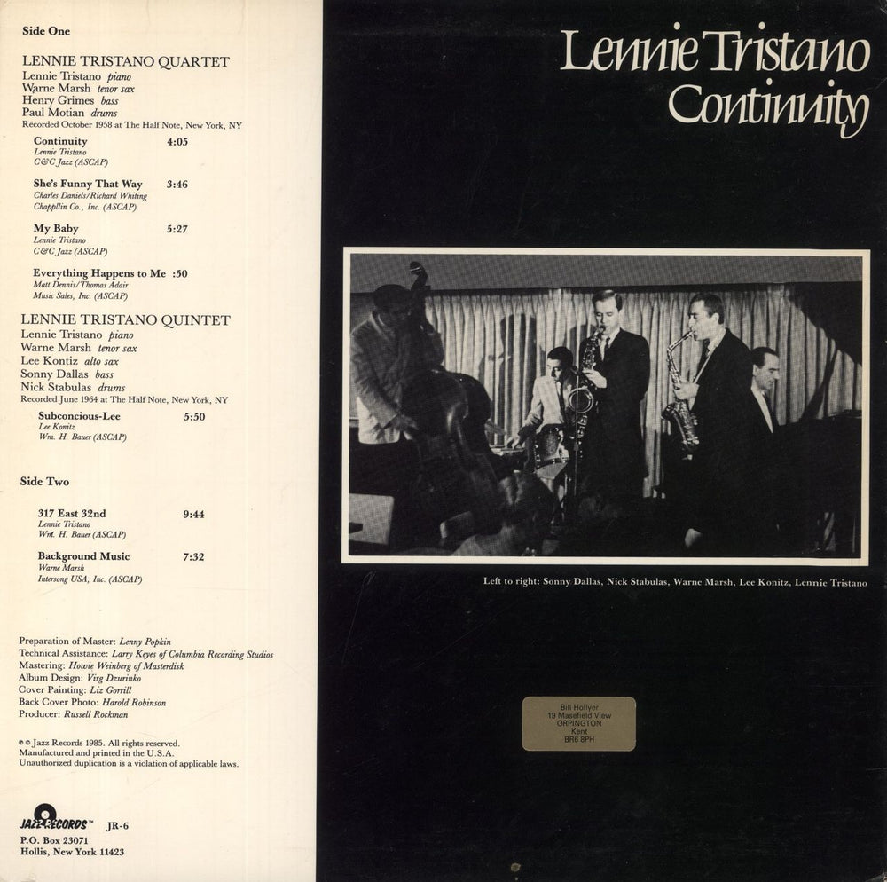 Lennie Tristano Continuity US vinyl LP album (LP record)