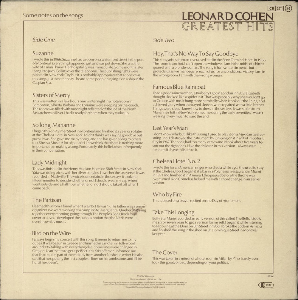 Leonard Cohen Greatest Hits + Insert UK vinyl LP album (LP record) *NO BARCODE!*