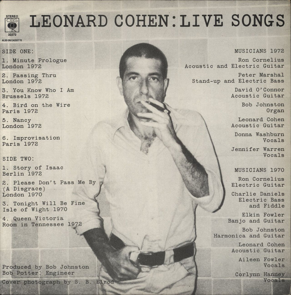 Leonard Cohen Live Songs UK vinyl LP album (LP record) 32272