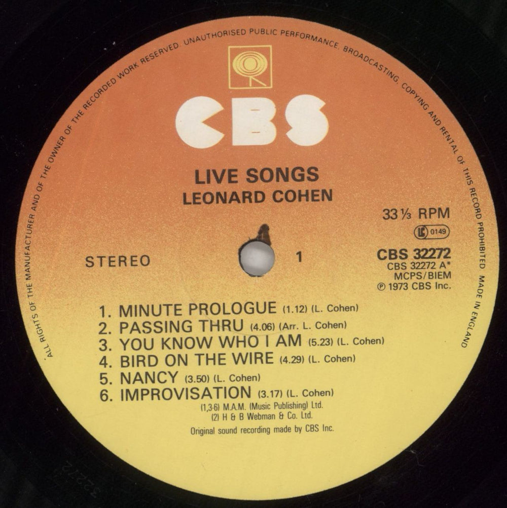 Leonard Cohen Live Songs UK vinyl LP album (LP record) COHLPLI860350