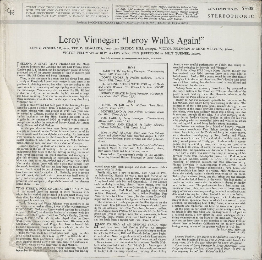 Leroy Vinnegar Leroy Walks Again! US vinyl LP album (LP record)