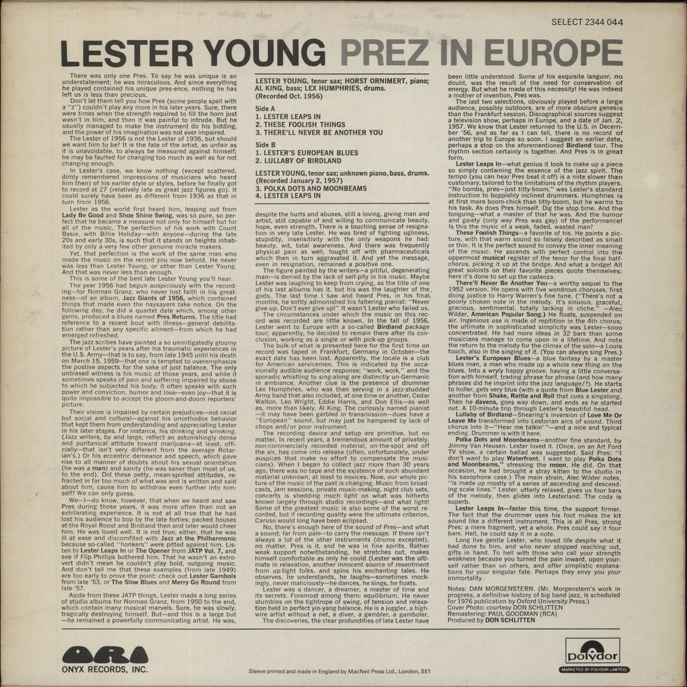 Lester Young Prez In Europe UK vinyl LP album (LP record)