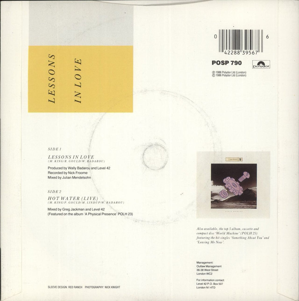 Level 42 Lessons In Love UK 7" vinyl single (7 inch record / 45) 042288395676