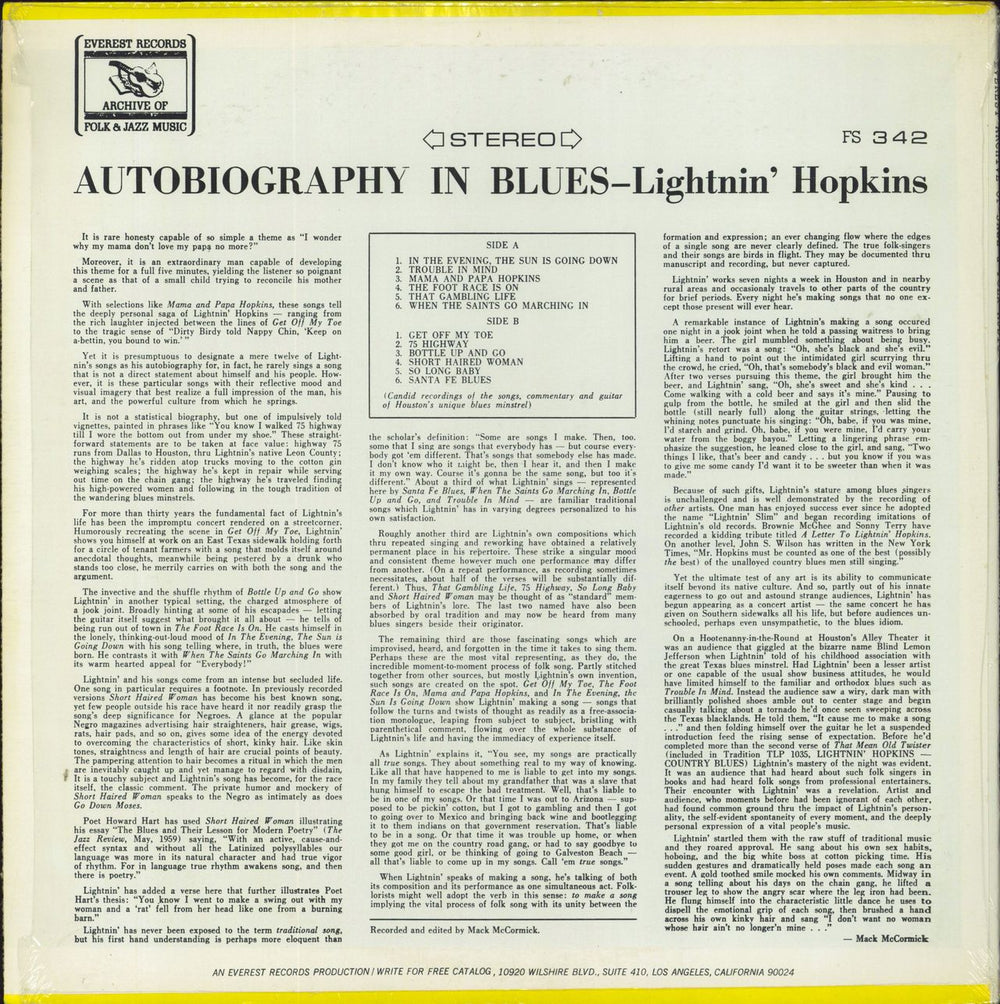 Lightnin' Hopkins Autobiography In Blues US vinyl LP album (LP record)