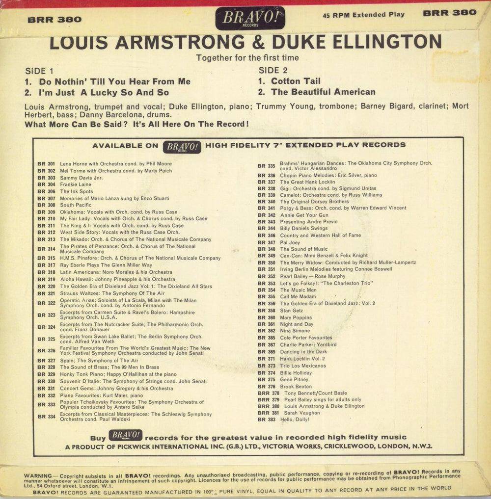 Louis Armstrong & Duke Ellington Recording Together For The First Time EP - Solid UK 7" vinyl single (7 inch record / 45)