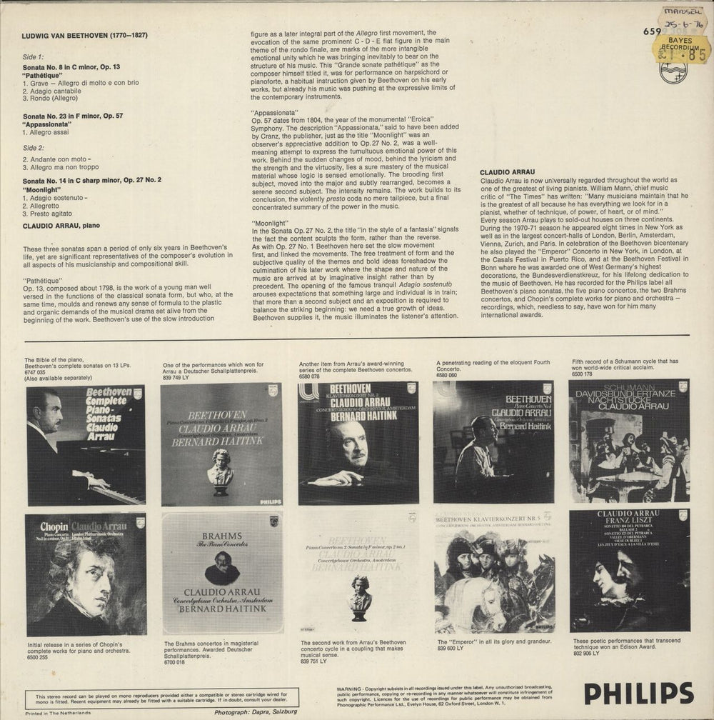 Ludwig Van Beethoven Beethoven: Sonatas (Pathétique / Appassionata / Moonlight) UK vinyl LP album (LP record)