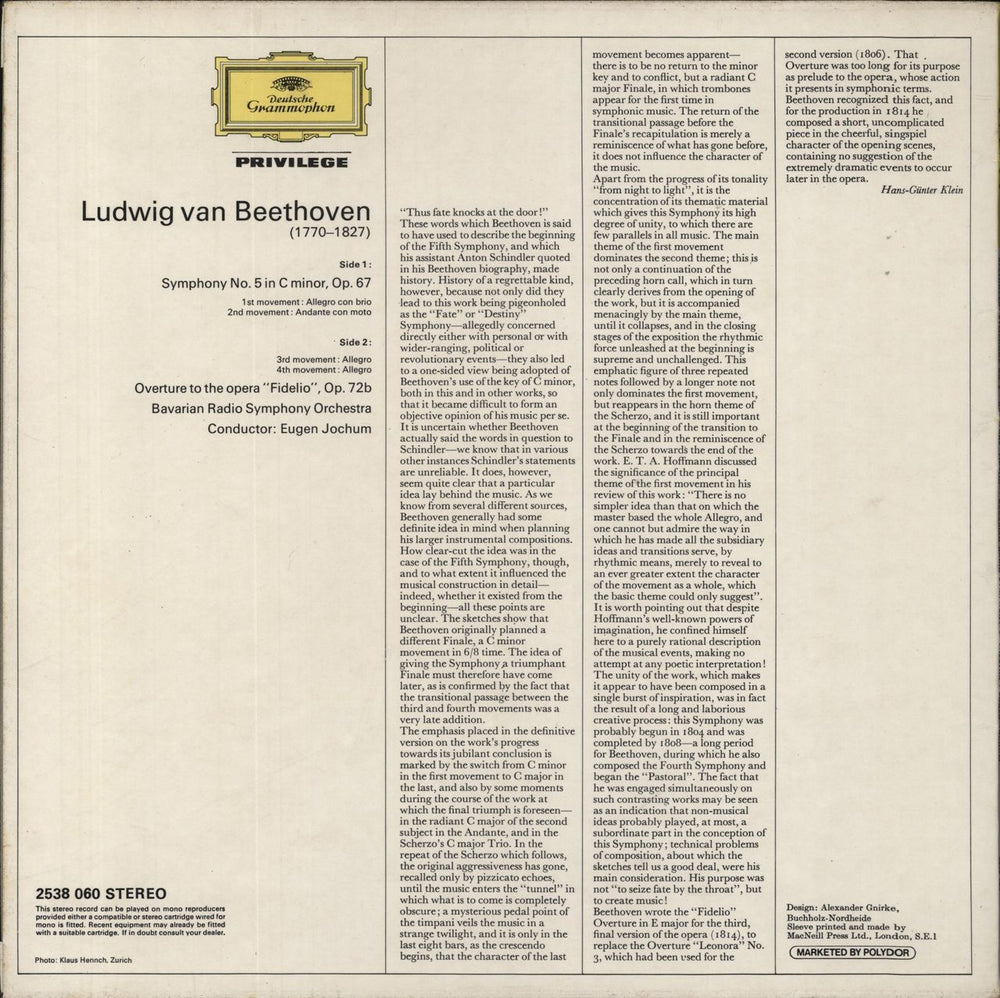 Ludwig Van Beethoven Beethoven: Symphonie Nr. 5 c-moll / Ouvertüre Zu 'Fidelio' German vinyl LP album (LP record)