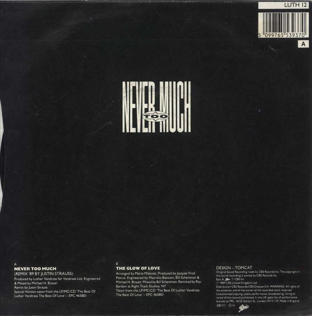 Luther Vandross Never Too Much - Remix '89 UK 7" vinyl single (7 inch record / 45) 5099765539370