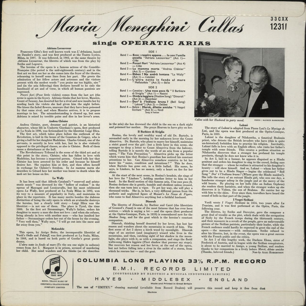 Maria Callas Sings Operatic Arias UK vinyl LP album (LP record)