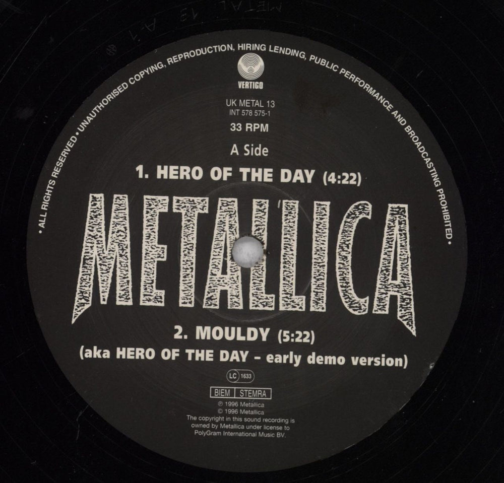 Metallica Hero Of The Day - Embossed - VG/EX UK 12" vinyl single (12 inch record / Maxi-single) MET12HE837750