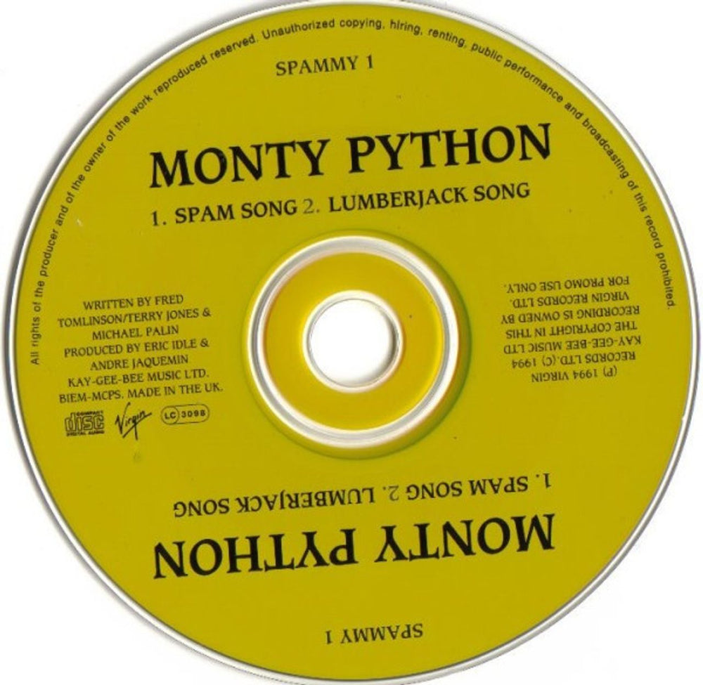 Monty Python Spam Song UK Promo CD single (CD5 / 5") SPAMMY1