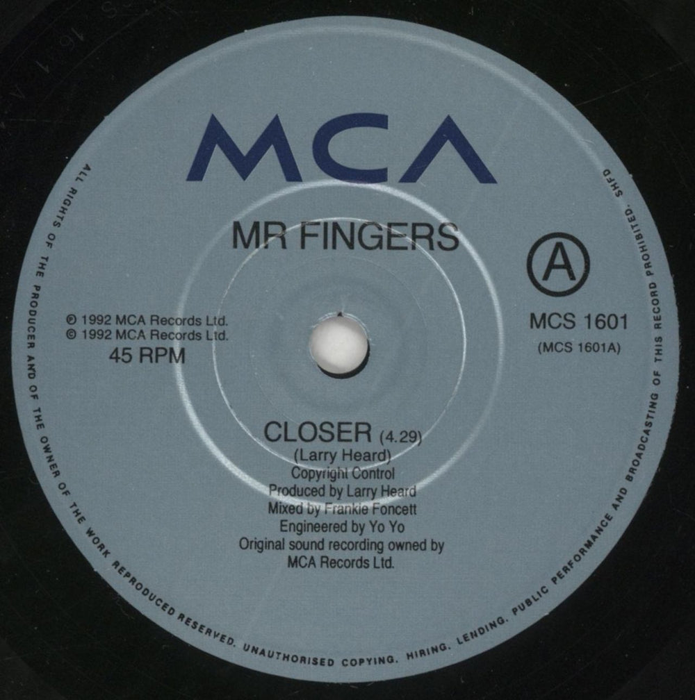 Mr Fingers Closer UK 7" vinyl single (7 inch record / 45) MRF07CL861296