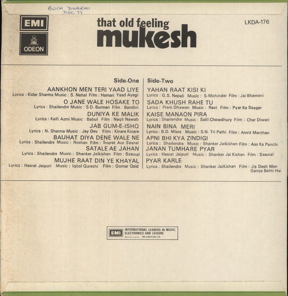 Mukesh That Old Feeling Pakistani vinyl LP album (LP record)