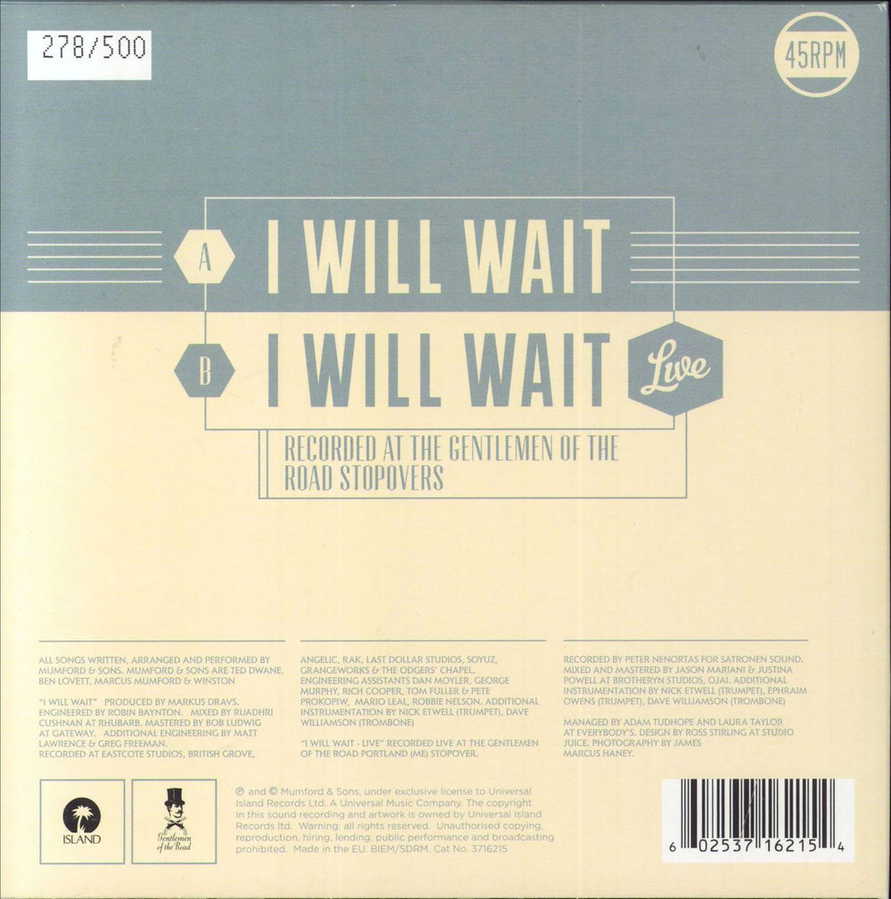 Mumford & Sons I Will Wait UK 7" vinyl single (7 inch record / 45) 602537162154