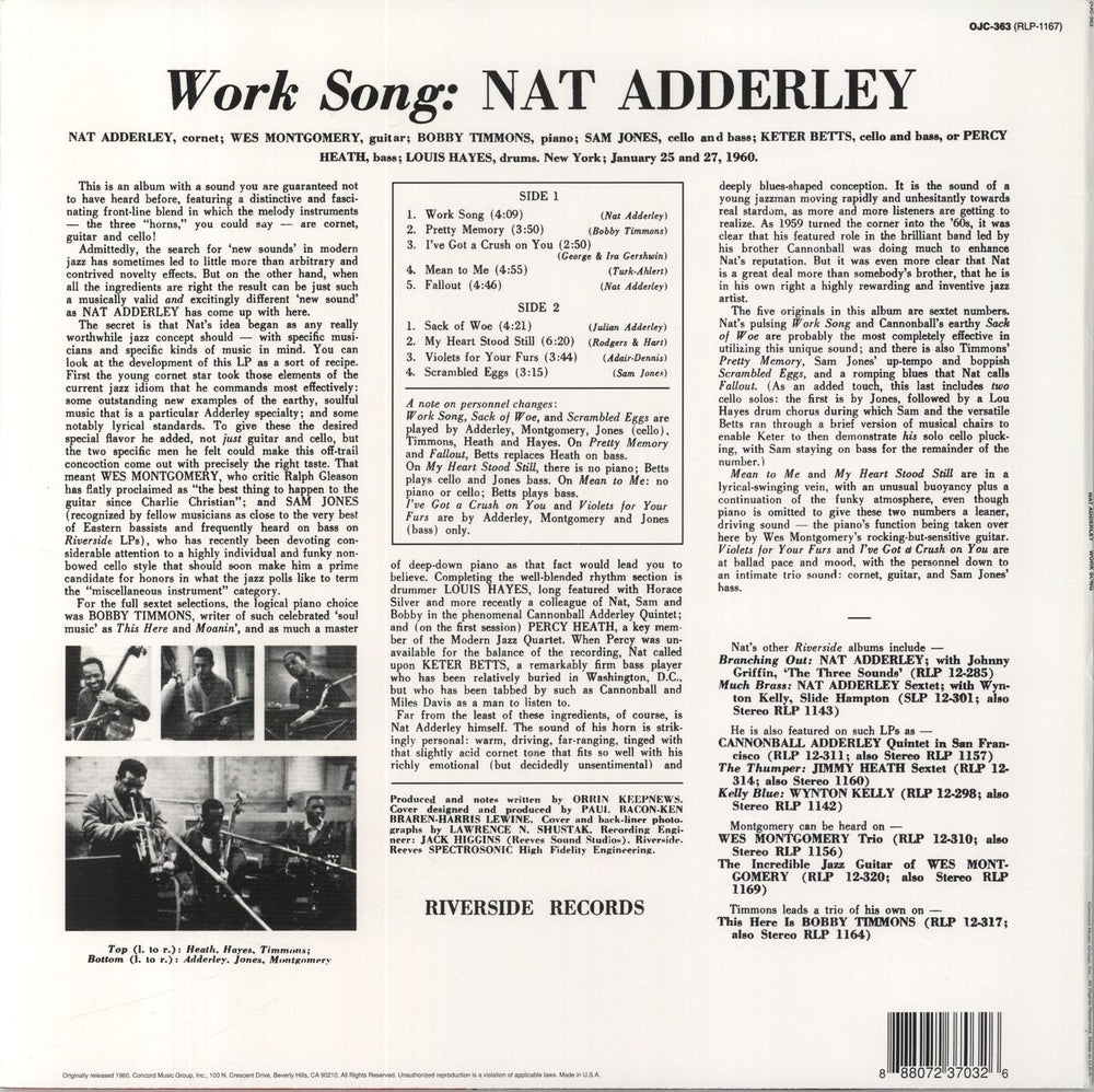 Nat Adderley Work Song US vinyl LP album (LP record) NDLLPWO848719