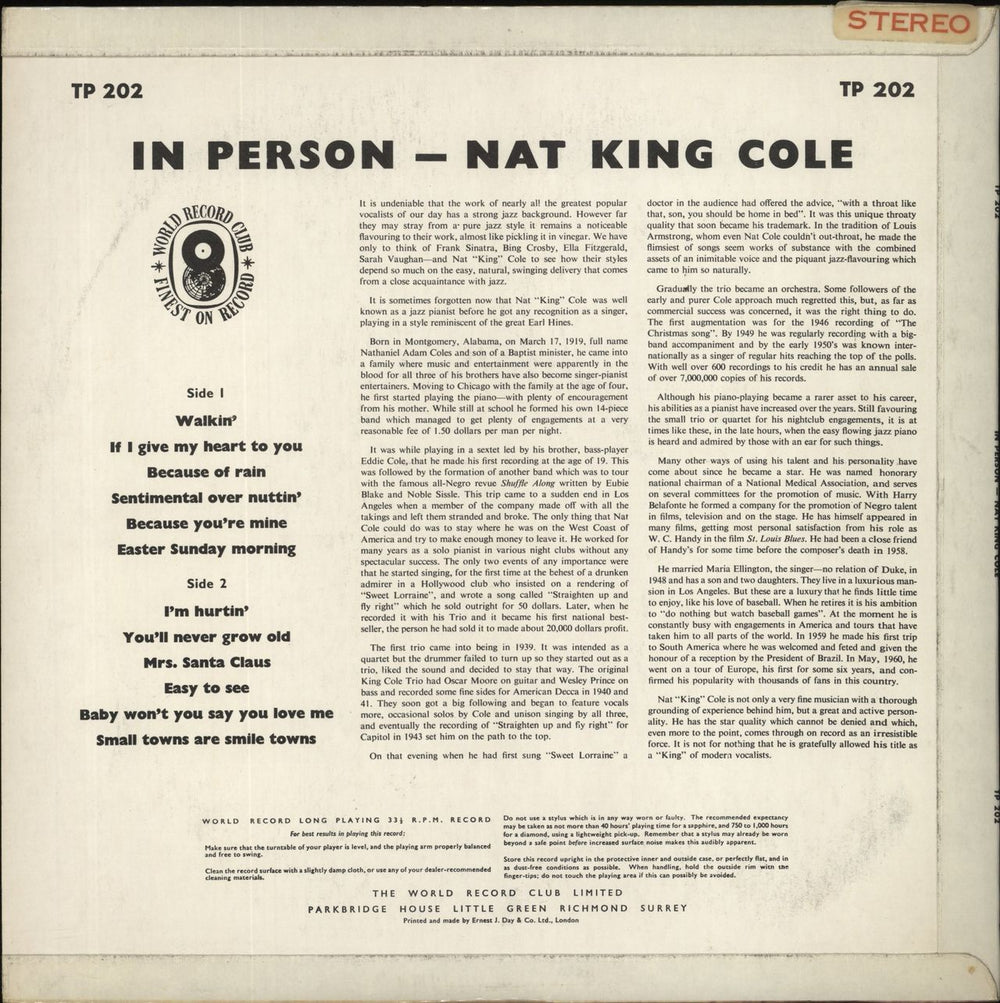 Nat King Cole In Person UK vinyl LP album (LP record)