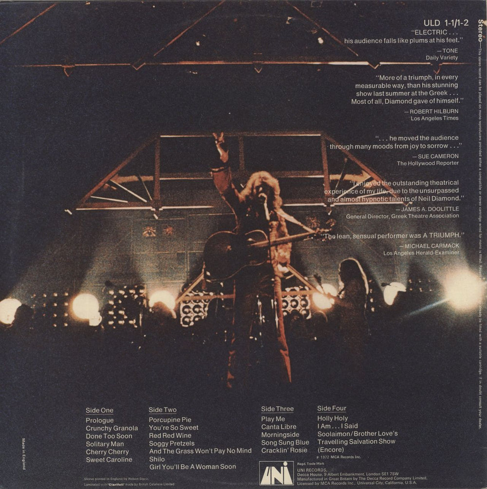 Neil Diamond Hot August Night UK 2-LP vinyl record set (Double LP Album)