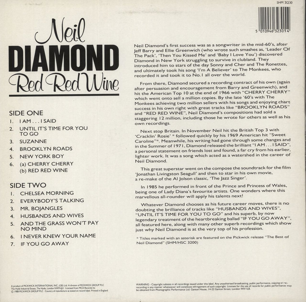 Neil Diamond Red Red Wine UK vinyl LP album (LP record) 5010946323014
