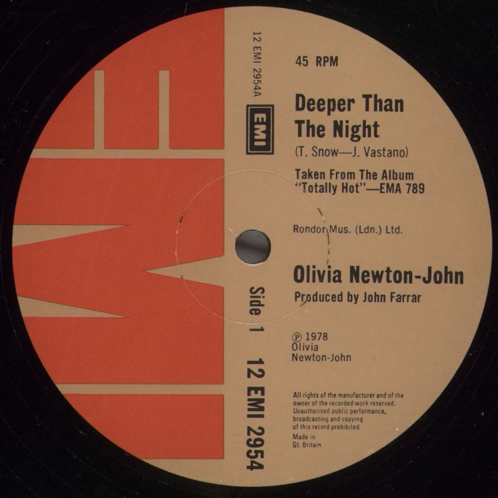 Olivia Newton John Deeper Than The Night UK 12" vinyl single (12 inch record / Maxi-single) ONJ12DE37028