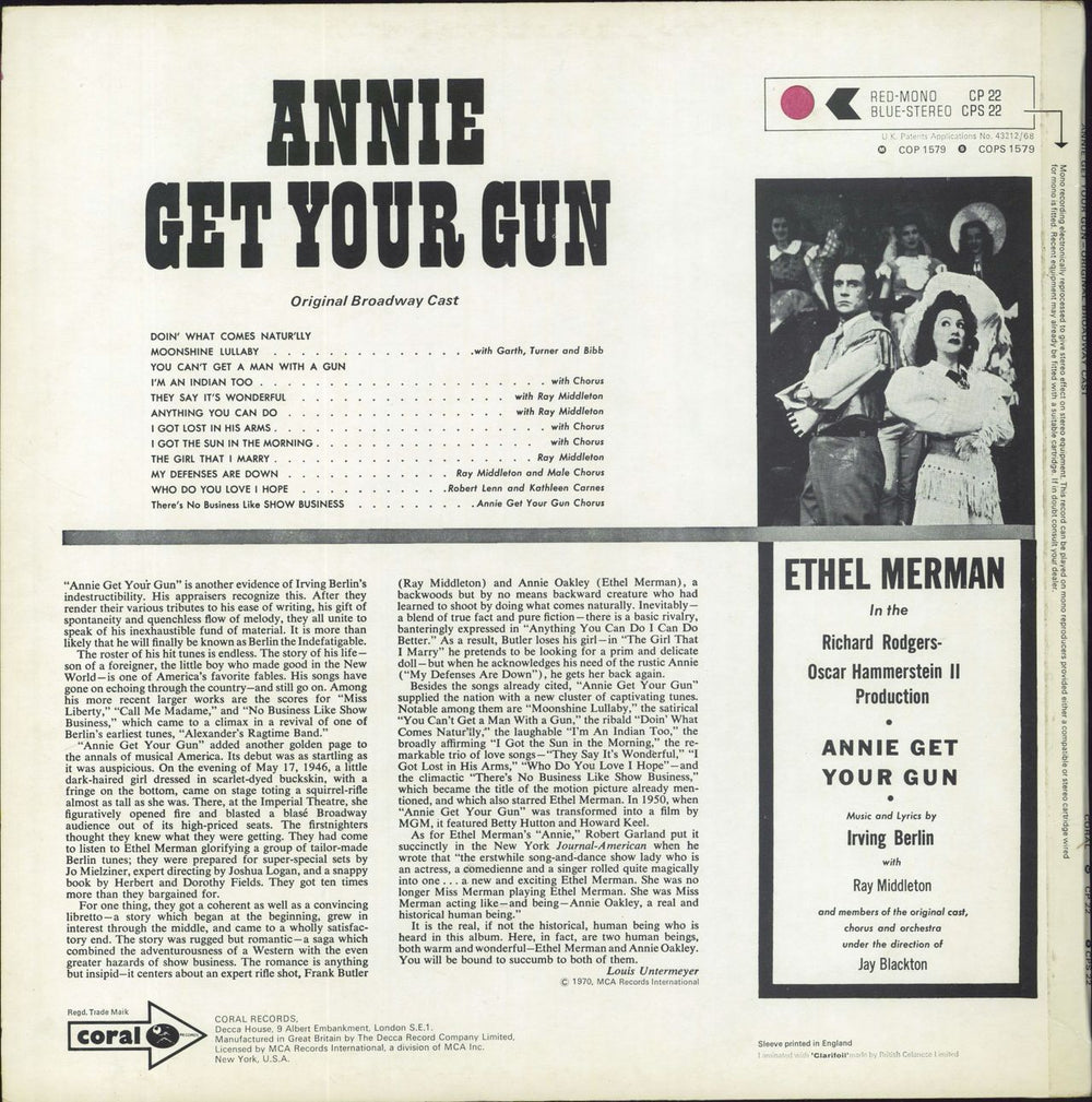 Original Cast Recording Annie Get Your Gun UK vinyl LP album (LP record)