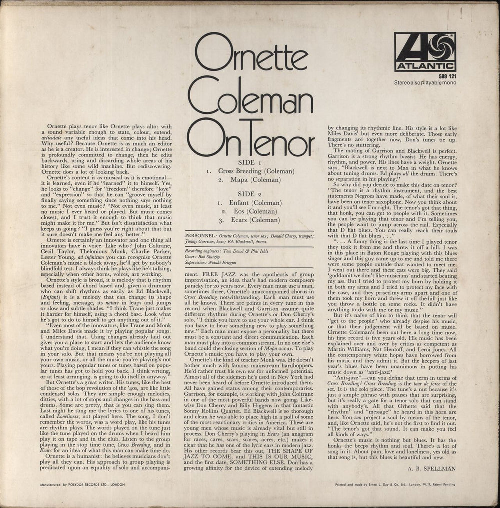 Ornette Coleman On Tenor UK vinyl LP album (LP record)