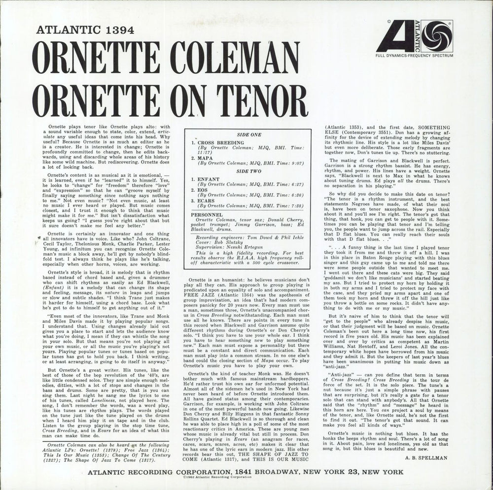 Ornette Coleman Ornette On Tenor US vinyl LP album (LP record)