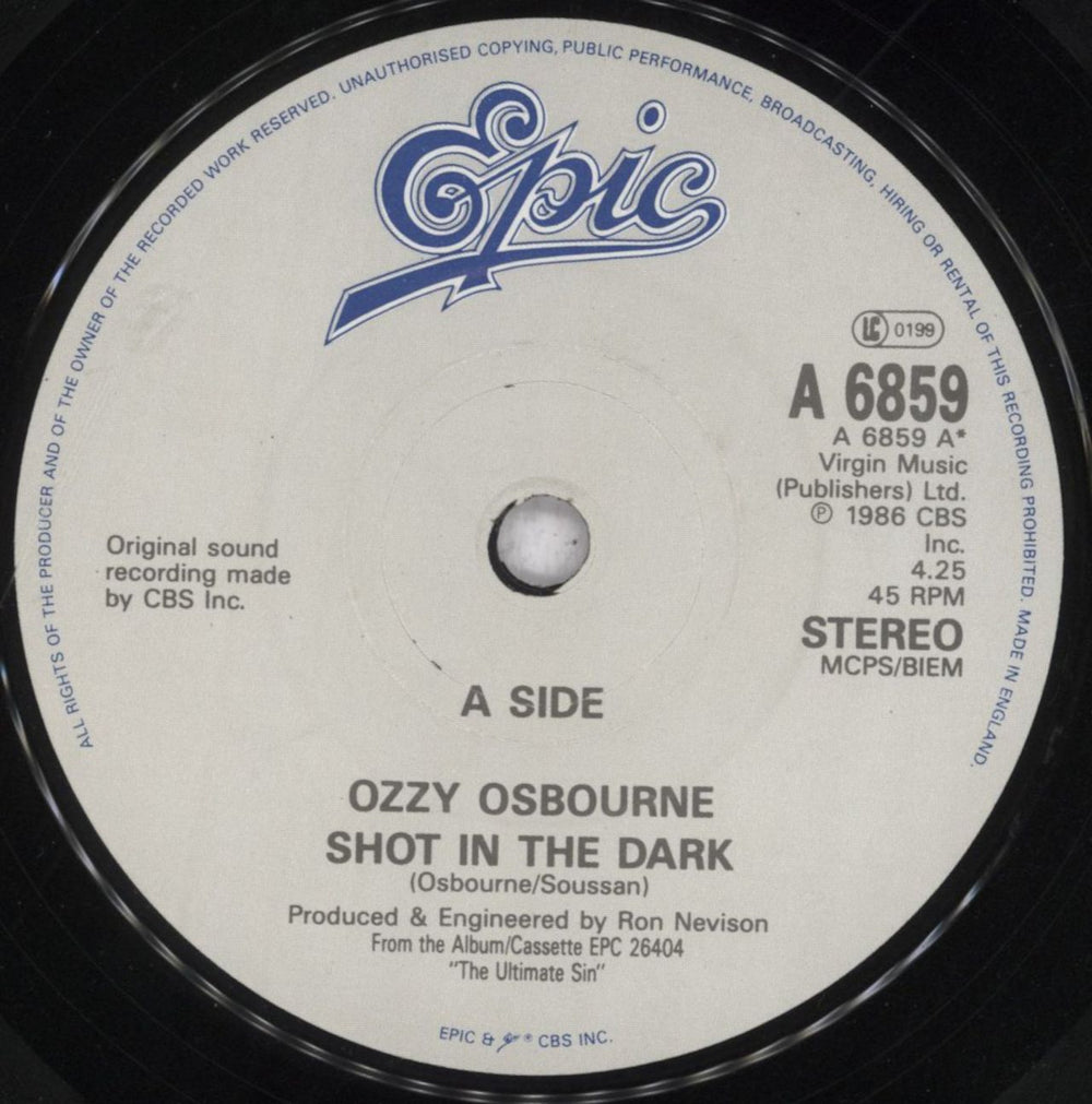 Ozzy Osbourne Shot In The Dark + Autograph UK 7" vinyl single (7 inch record / 45) OZZ07SH50441