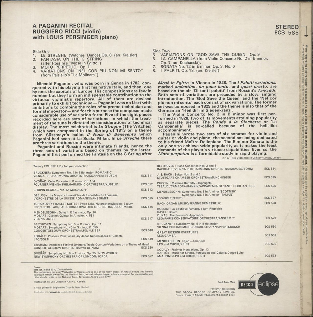 Paganini A Paganini Recital UK vinyl LP album (LP record)