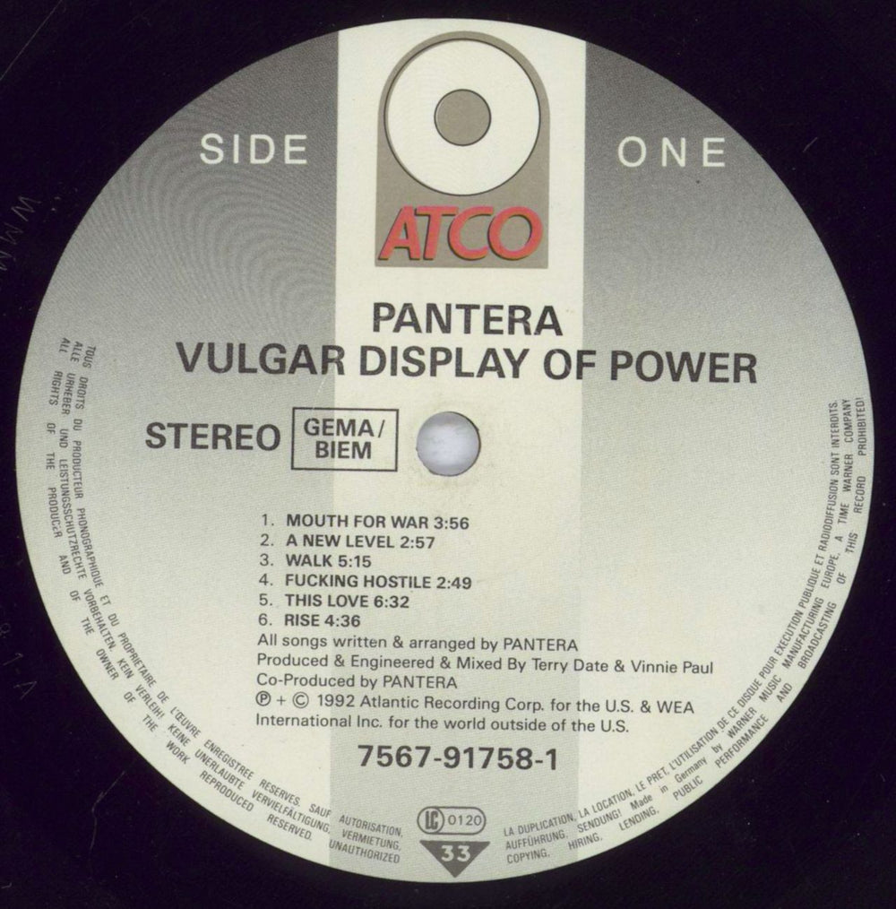Pantera Vulgar Display Of Power - VG German vinyl LP album (LP record) PANLPVU830560