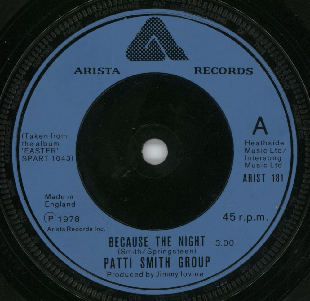 Patti Smith Because The Night - P/S UK 7" vinyl single (7 inch record / 45) PTI07BE59802