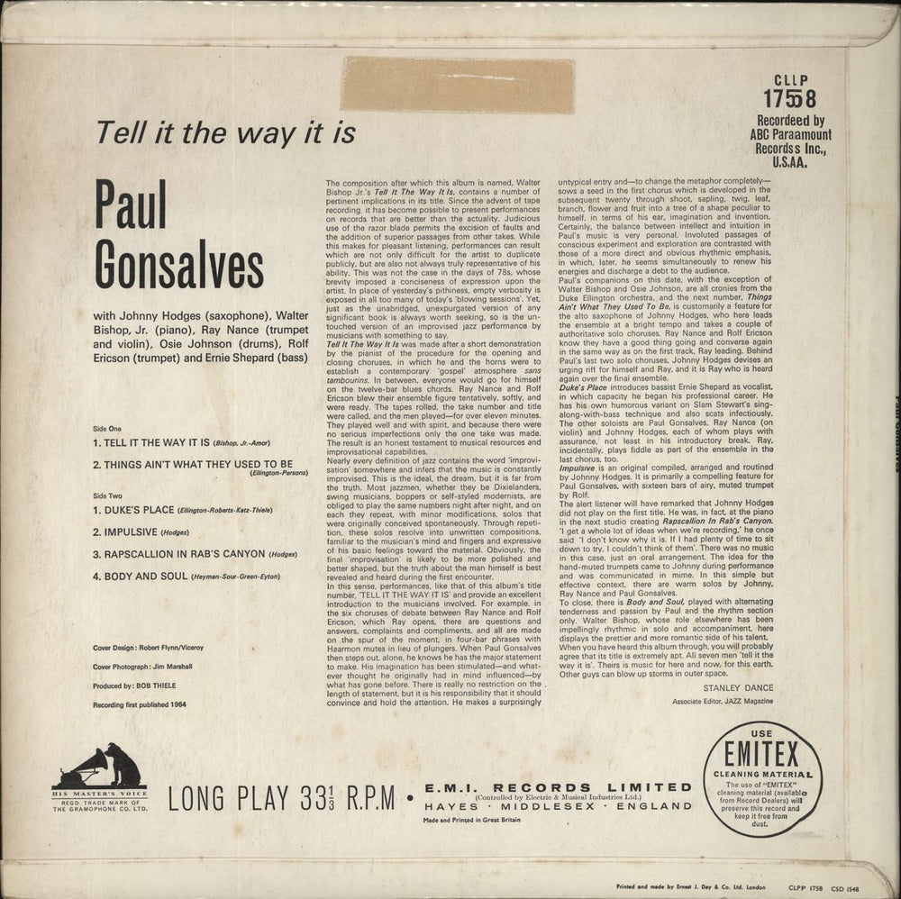 Paul Gonsalves Tell It The Way It Is! UK vinyl LP album (LP record)