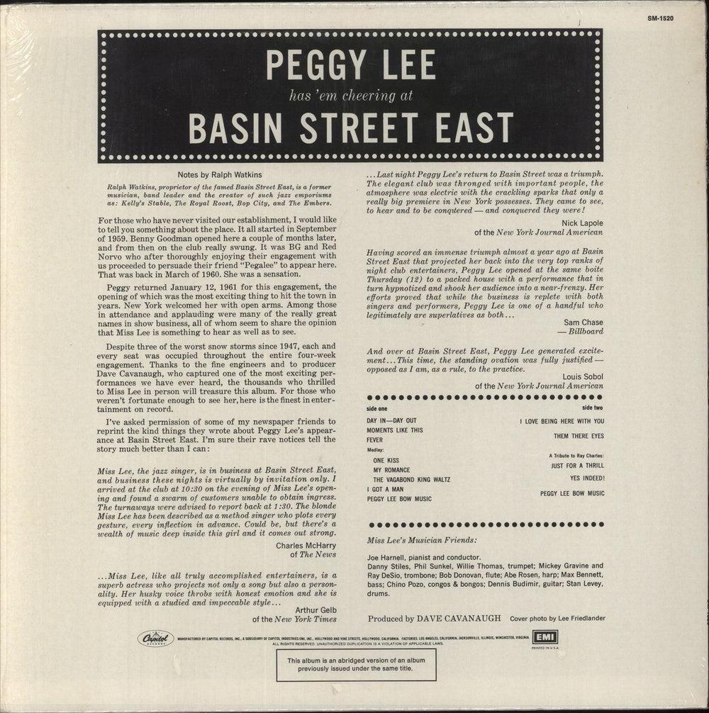 Peggy Lee Basin Street East - Shrink US vinyl LP album (LP record)
