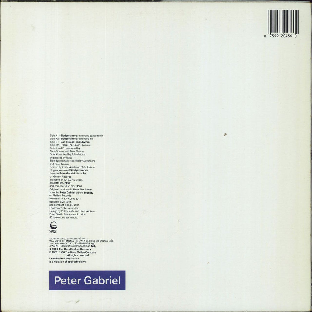 Peter Gabriel Sledgehammer Canadian 12" vinyl single (12 inch record / Maxi-single) 075992045605