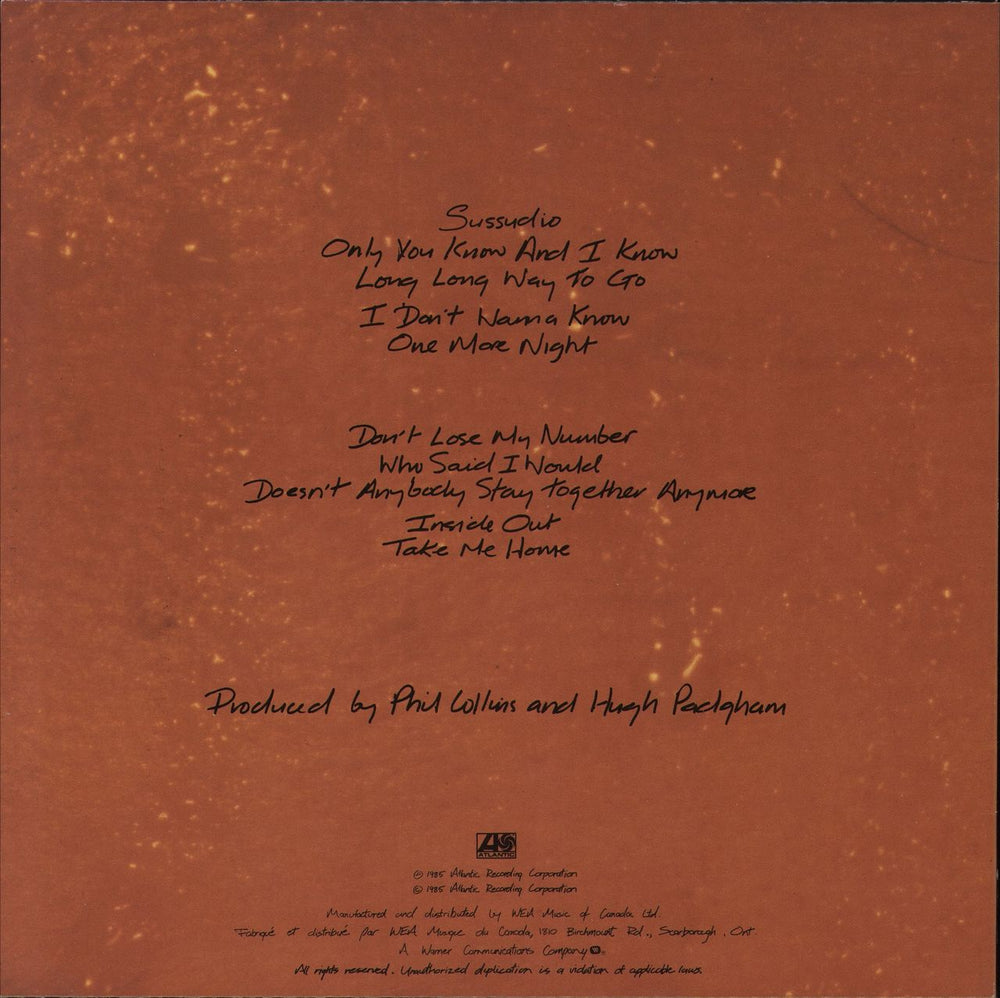 Phil Collins No Jacket Required Canadian vinyl LP album (LP record)