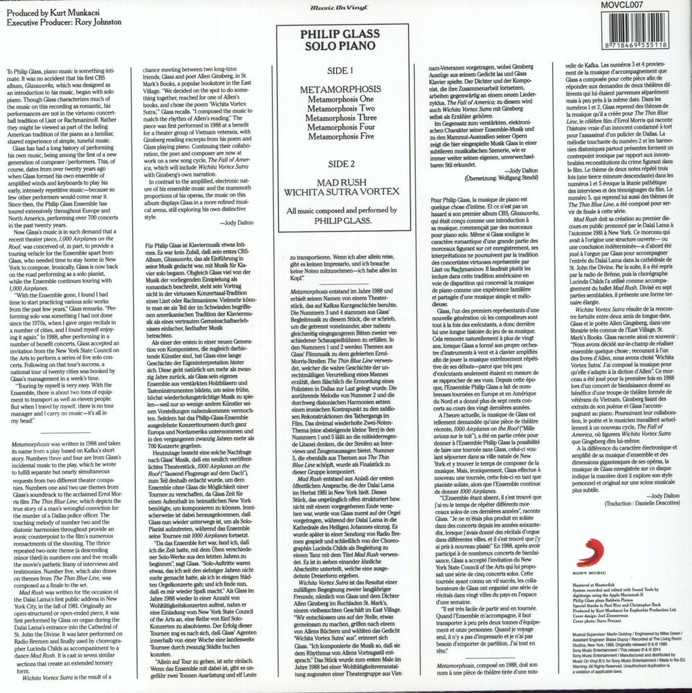 Philip Glass Solo Piano - 180g UK vinyl LP album (LP record) PLGLPSO849597