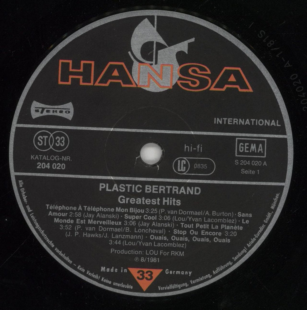 Plastic Bertrand Grands Succès / Greatest Hits German vinyl LP album (LP record) PBELPGR708215