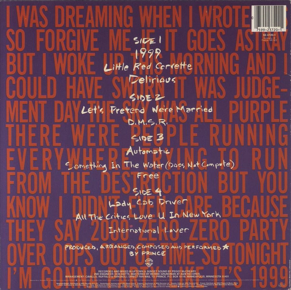 Prince 1999 (Nineteen Ninety Nine) - Barcoded Sleeve German 2-LP vinyl record set (Double LP Album) 075992372015