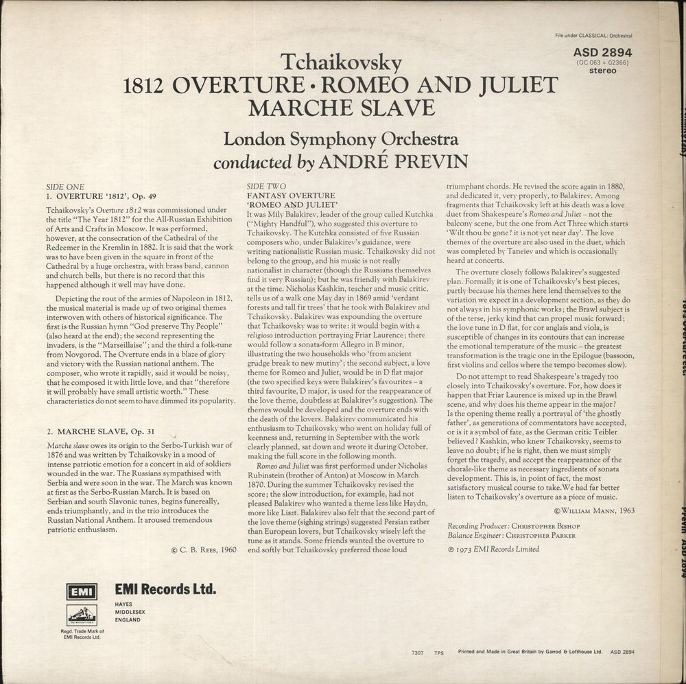 Pyotr Ilyich Tchaikovsky 1812 Overture - black & white stamp UK vinyl LP album (LP record)